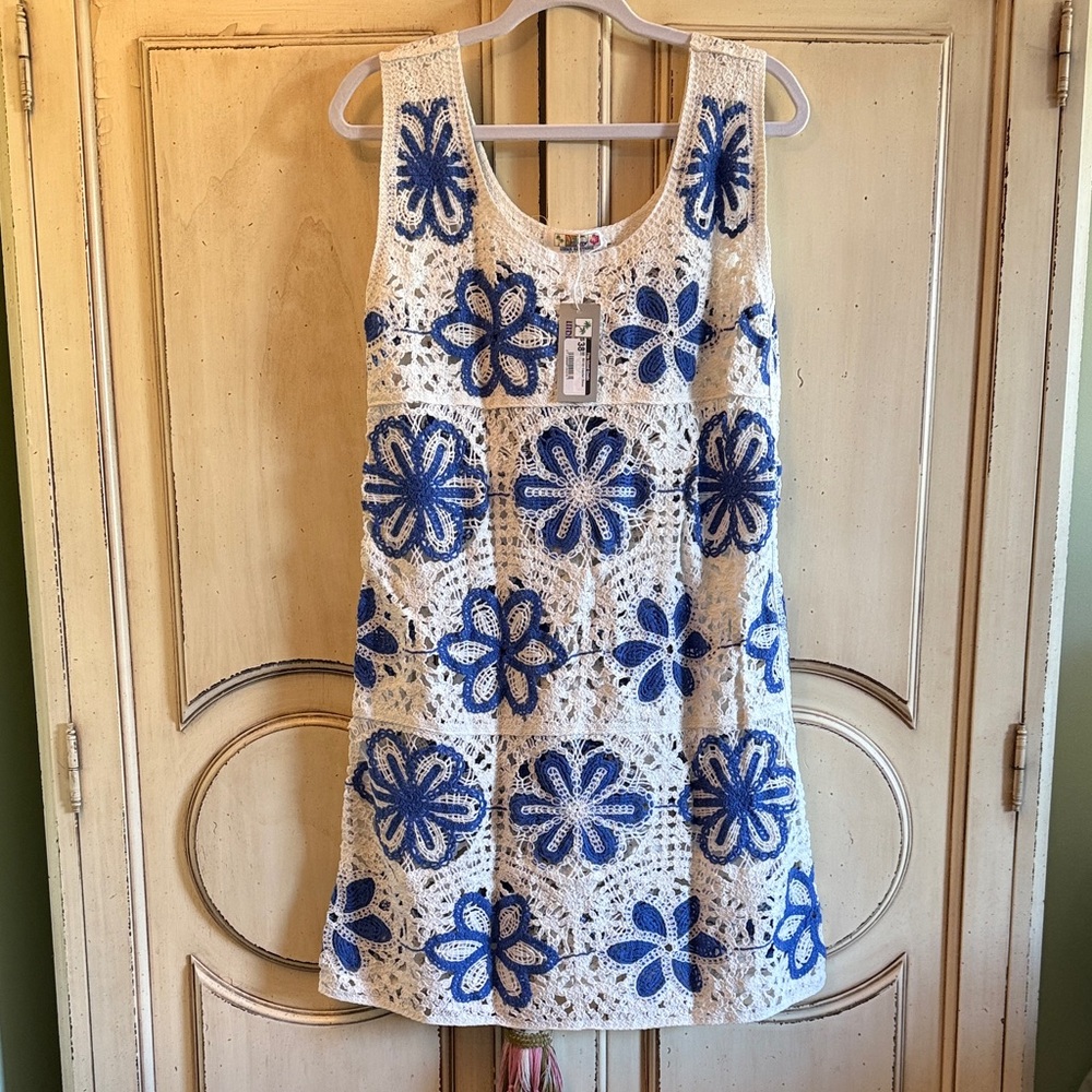 India Boutique Cream and Blue Crochet Midi Dress